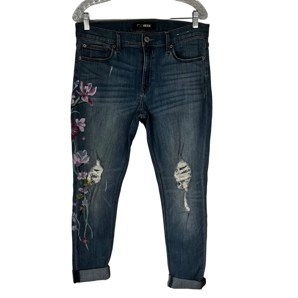 Express Distressed Mid Rise Jeans Womens 10R Stamped Floral